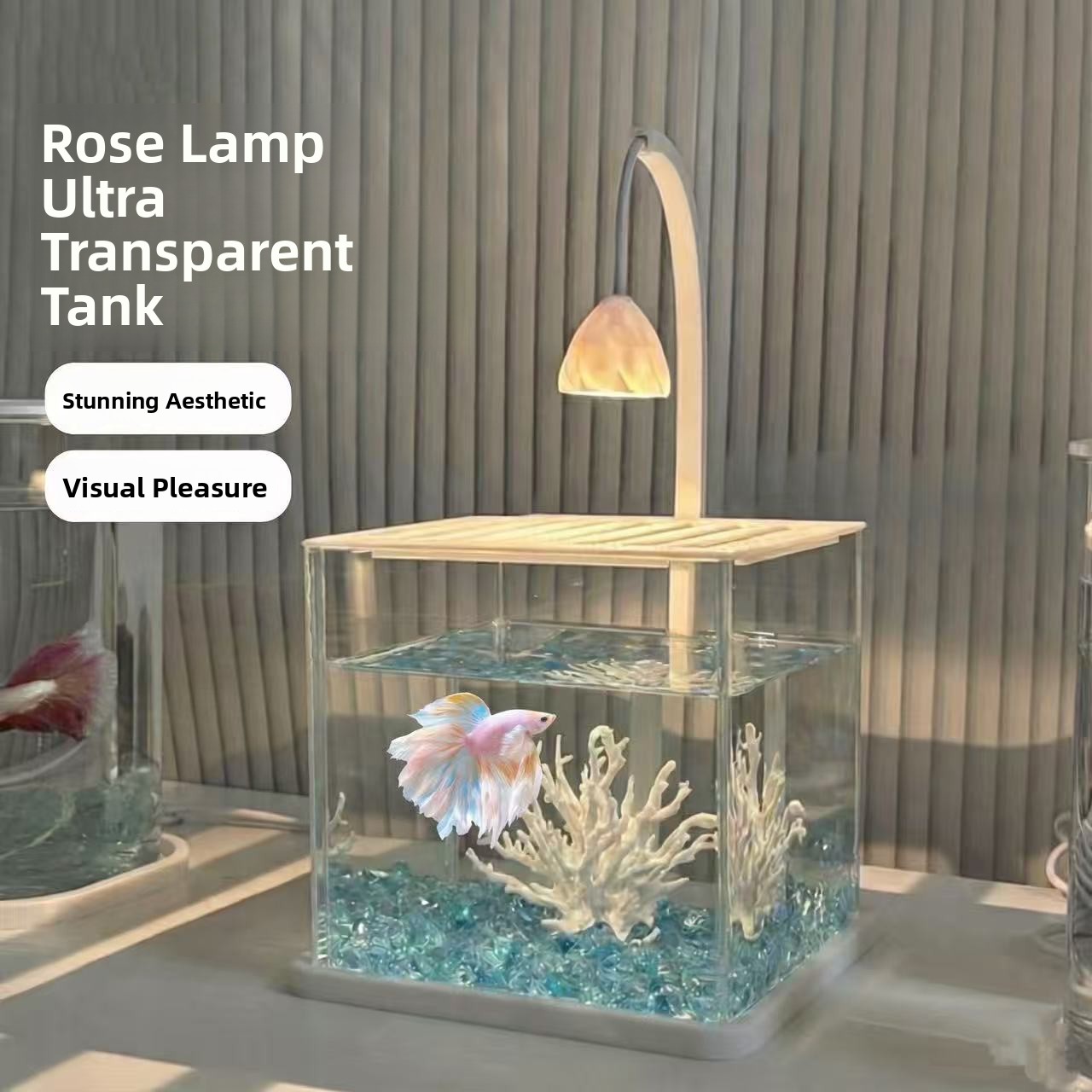 Betta Fish Tank - Akrilik Akvaryum, Buz Kristali Manzaralı, Masaüstü,
